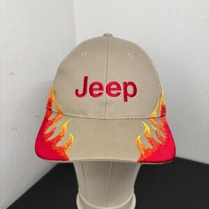 Jeep Flames Baseball Cap Embroidered Hat Tan Unisex OSFM Hook and Loop Casual